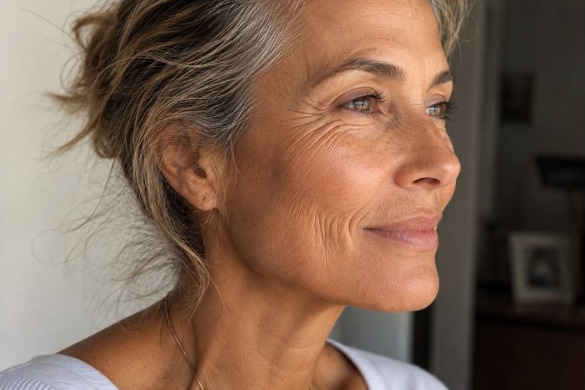 Visage mature au grain de peau lissé, de profil