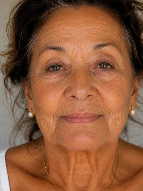 Visage mature souriant, ridules et perte de fermeté